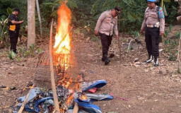 Aparat Kepolisian Bakar Lokasi Diduga Tempat judi Sabung Ayam di Pakisaji Kabupaten Malang