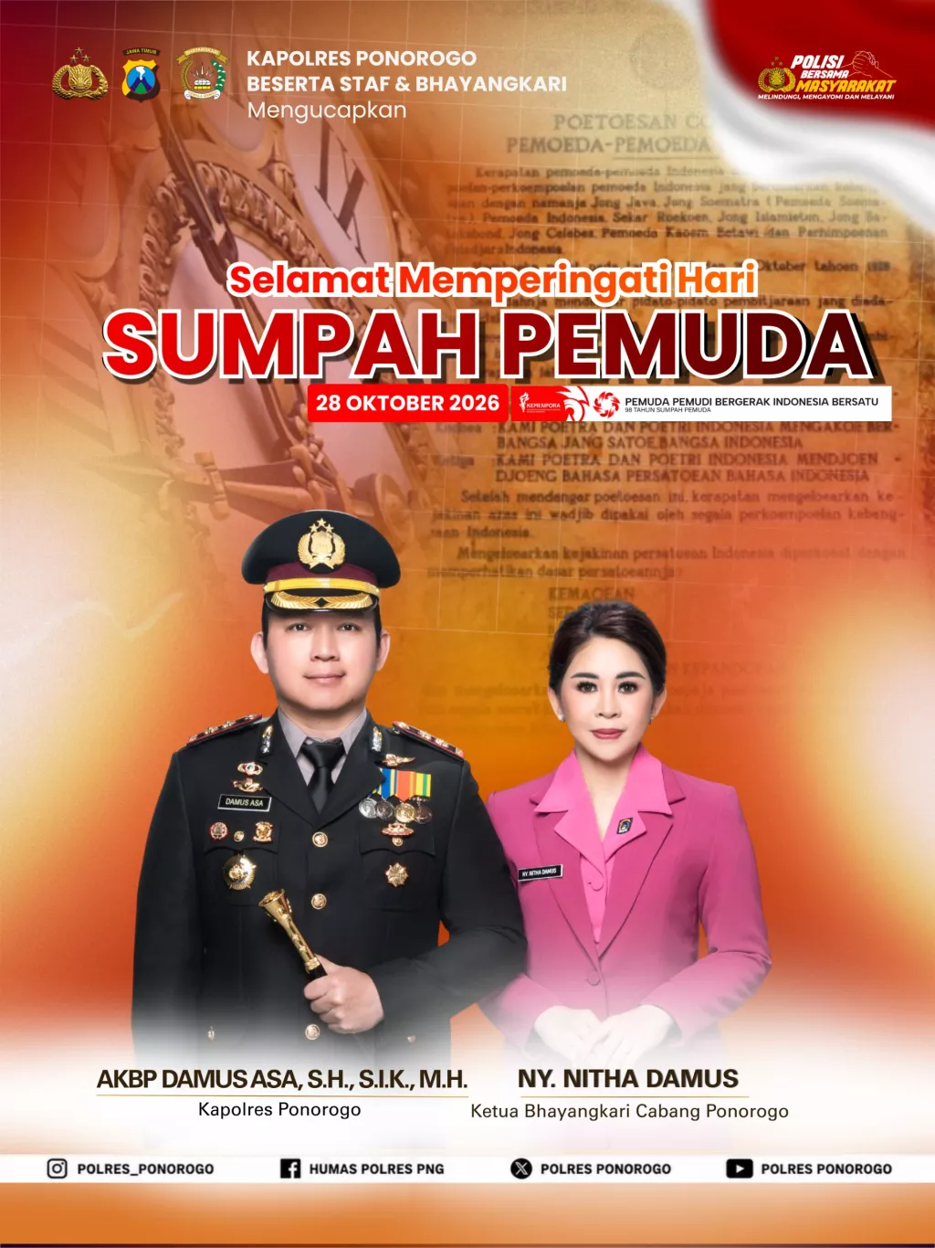 Hari Sumpah Pemuda 2026, Kapolres Ponorogo AKBP Damus Asa Ajak Generasi Muda Perkuat Persatuan