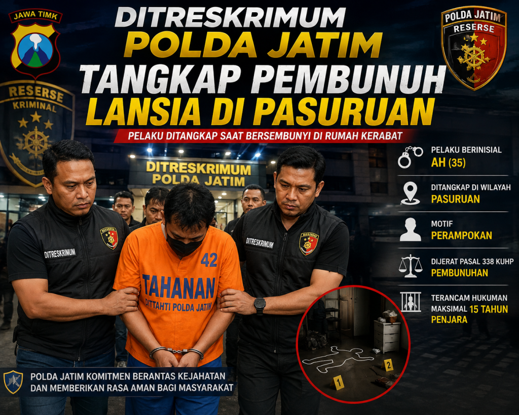 Direktorat reserse kriminal umum Polda Jatim tangkap tersangka pembunuhan lansia di Pasuruan.        