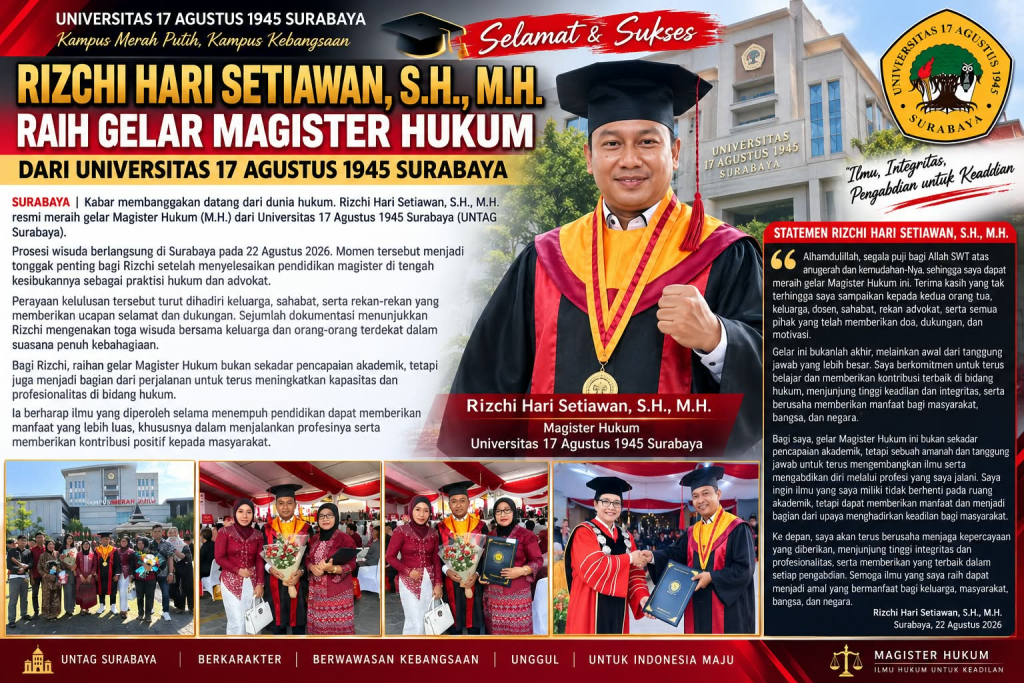 Rizchi Hari Setiawan Raih Gelar Magister Hukum dari Universitas 17 Agustus 1945 Surabaya
