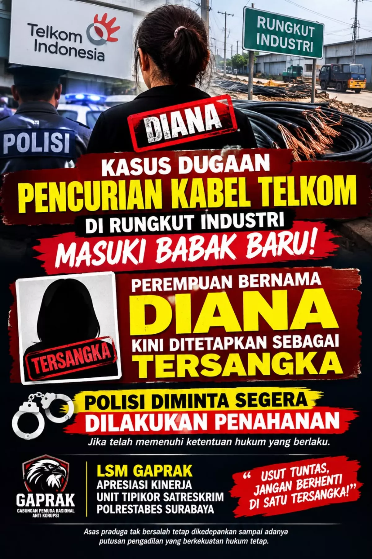 Babak Baru Pencurian Kabel Telkom di Rungkut Industri, Diana ditetapkan Sebagai Tersangka
