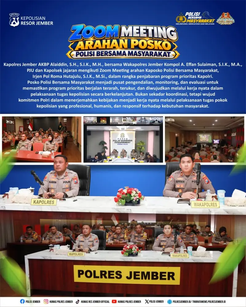 Kapolres Jember Pimpin Zoom Meeting Arahan Posko Polisi Bersama Masyarakat.